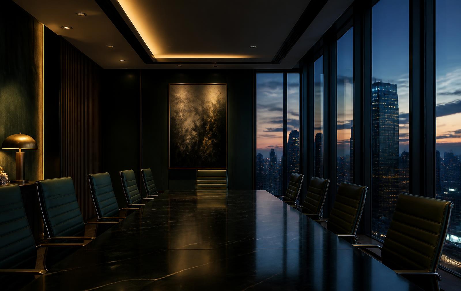 Sala de junta corporativa al atardecer